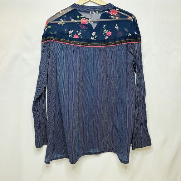 Free People Hearts And Colors Tunic Top SMALL Navy Blue Pin Stripe Sheer Floral - Picture 2 of 15